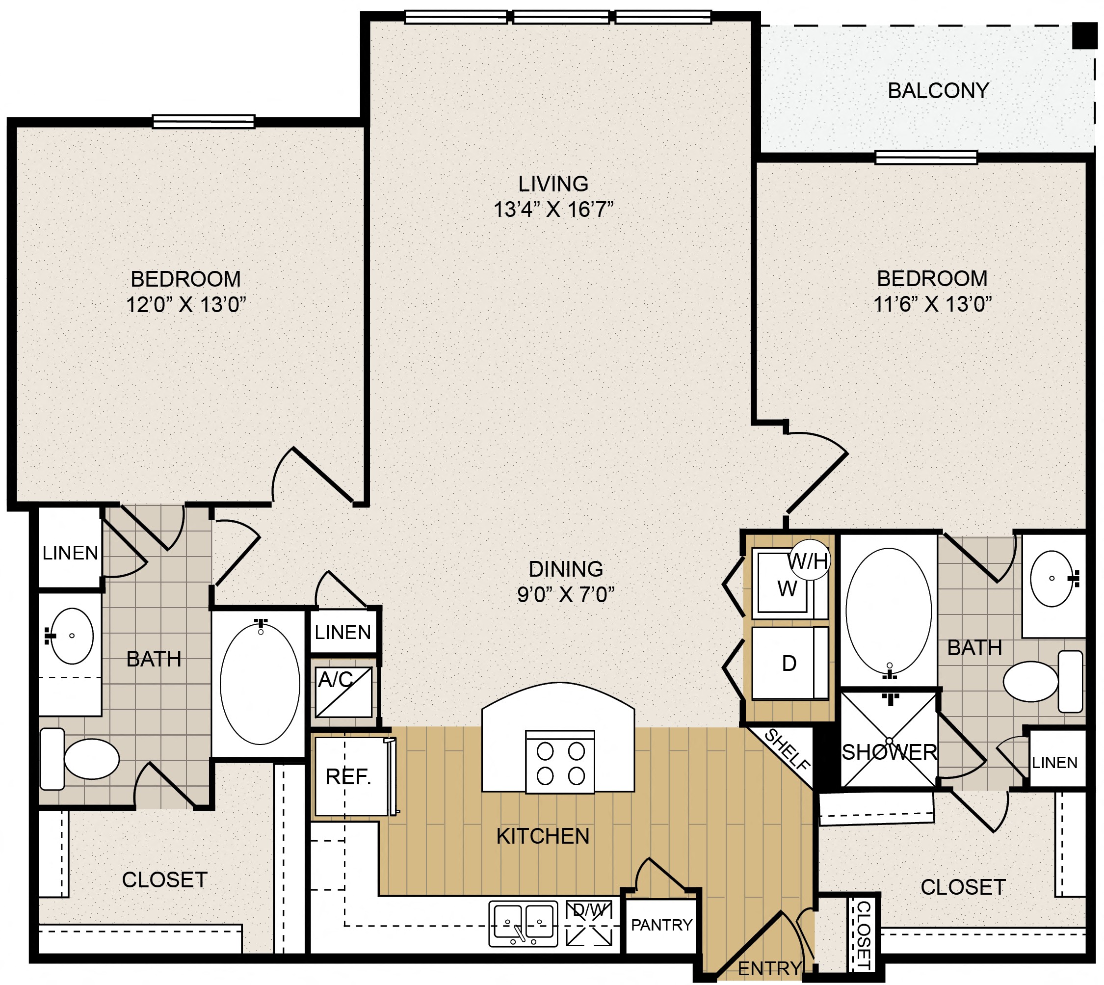 Floor plan for 2 beds, 2 baths, 1143 sqft
